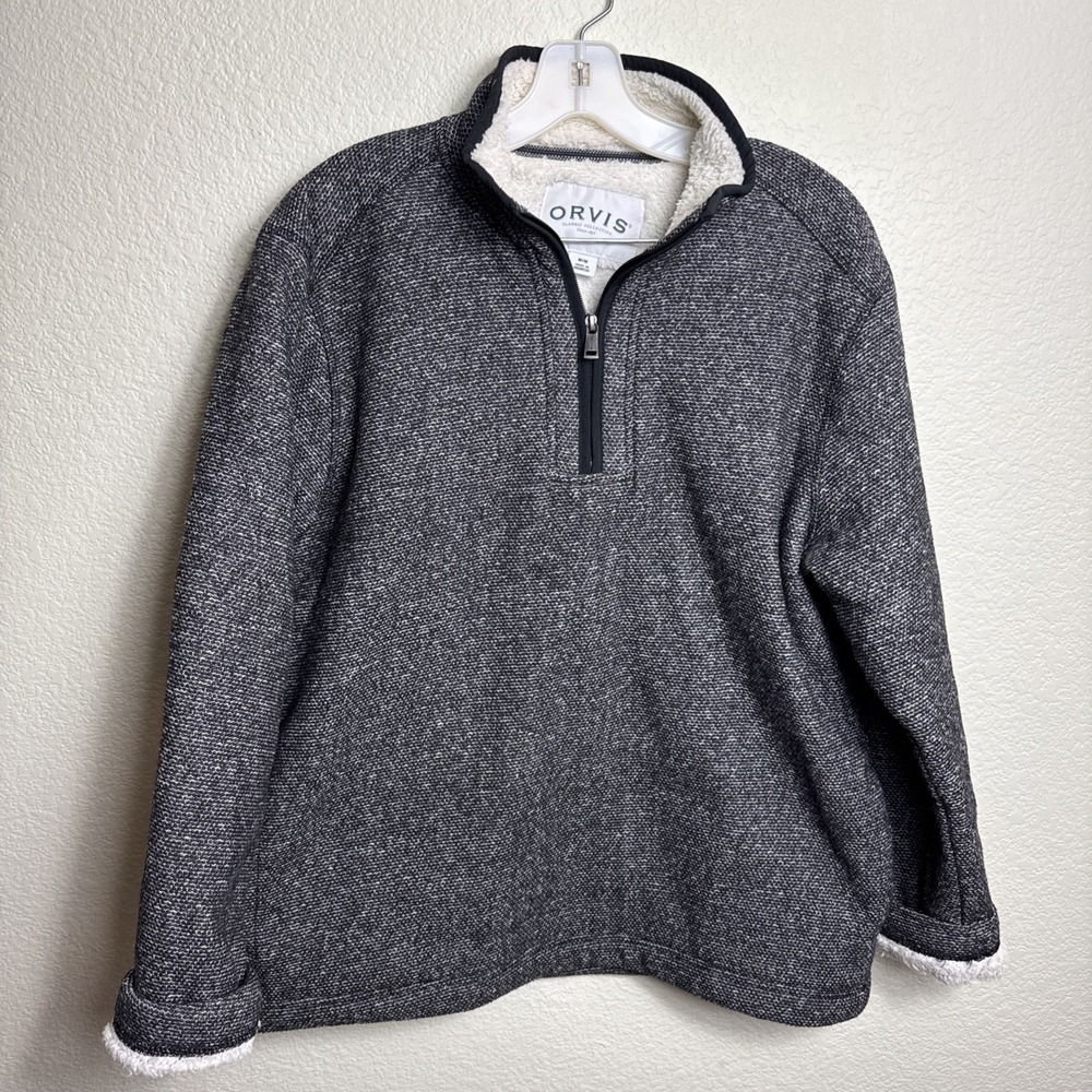 Orvis Men M Quarter Zip Pullover Sweater Sherpa Lined Fleece Jacket Gray Pockets